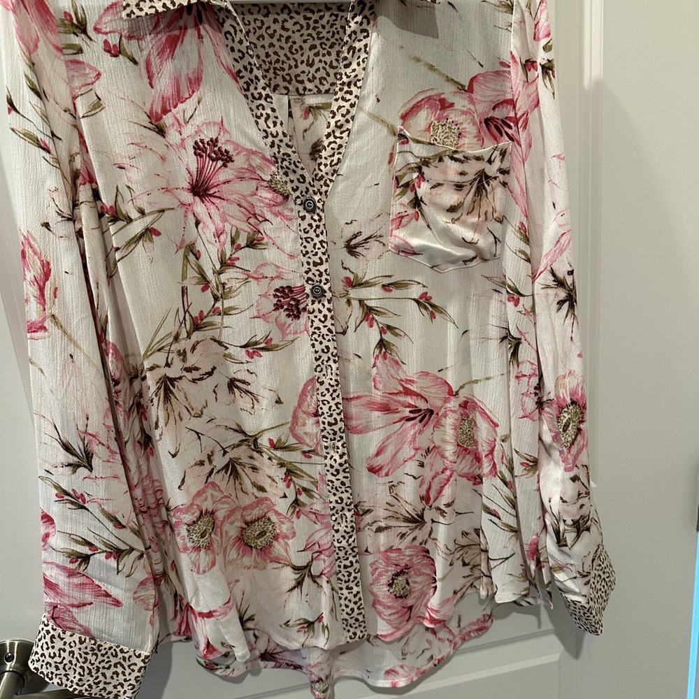 Mystree Pink Floral Blouse with Animal Print Accents